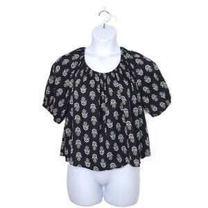 Old Navy Floral Blouse Sz L Puff Sleeve Flowy Tie Back Boho Coastal Neutral Work